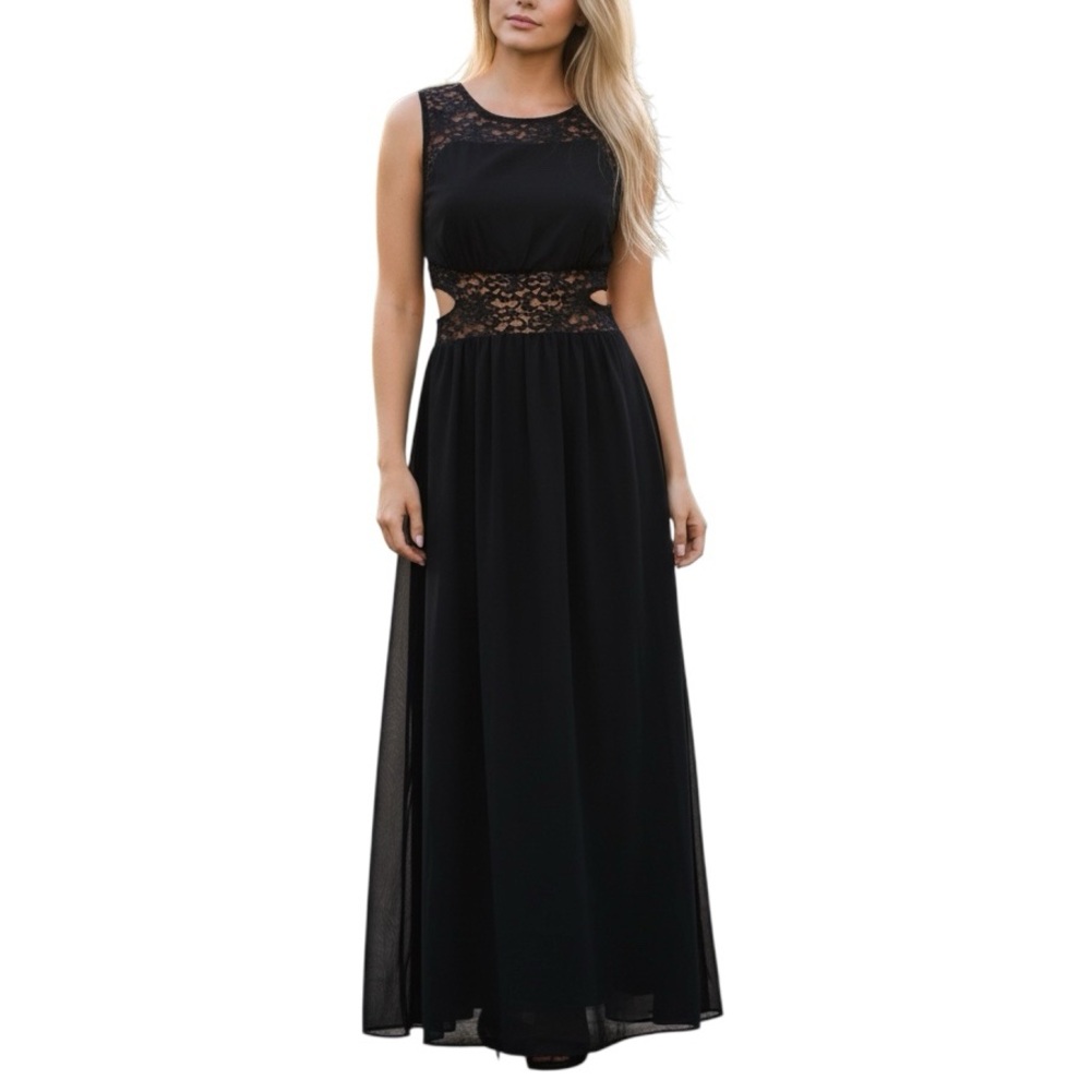 Sweet Storm Black Lace Round Neck Sleeveless Sheer Cut Out Maxi Cocktail Dress